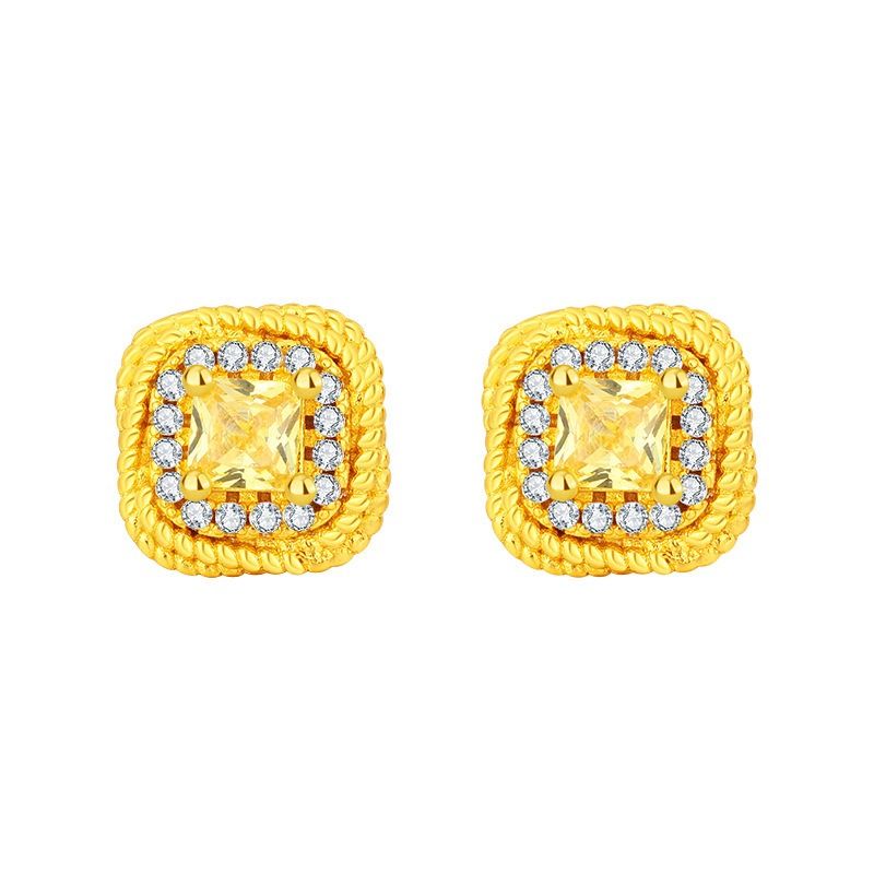 22025 African European American Sand Gold Set Diamond-Inlaid Square Sugar Pendant Women's Simple Small Square Sugar Ring + Earrings + Necklace Jewelry Copper-Gilded Jewelry Set Fashion Commuting Style