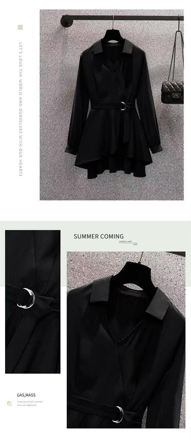 Plus-size Women's Stylish Crop-neck Slimming Blouse 2025 African European American Spring Autumn Fat Girl Concealing Shirt Solid Color Pattern Splicing Processing Technique Comfortable Casual Style