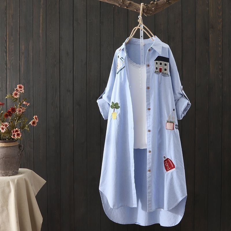 2025 Africa Europe America Summer Autumn New Style Artistic Embroidery Loose POLO Collar Mid-length Sun Protection Shirt Women Korean Version Cotton Breathable Versatile Casual Shirt Fresh Sweet Style