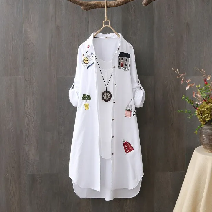 2025 Africa Europe America Summer Autumn New Style Artistic Embroidery Loose POLO Collar Mid-length Sun Protection Shirt Women Korean Version Cotton Breathable Versatile Casual Shirt Fresh Sweet Style