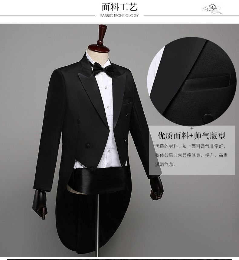 2025 African Men's Formal Suits Black Tailcoats Christmas Costumes Magic Performance Outfits Jazz Formal Wear Dance Competition Double Row Three-button Top+Trousers+Waistband+Bow Tie 4-Piece Set