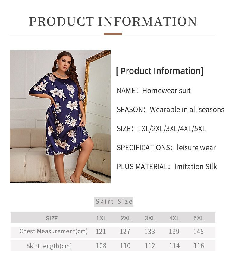 Africa Europe America 2025 Large Size Pajama Women Mid-length Printed Pullover Dress Summer New Home Wear Silk Ice-silk Pajamas Casual Breastfeeding Breathable Cool Comfortable Sleeping Simple Style