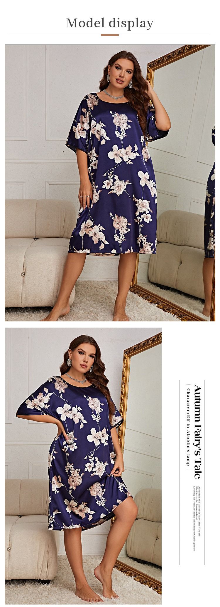 Africa Europe America 2025 Large Size Pajama Women Mid-length Printed Pullover Dress Summer New Home Wear Silk Ice-silk Pajamas Casual Breastfeeding Breathable Cool Comfortable Sleeping Simple Style
