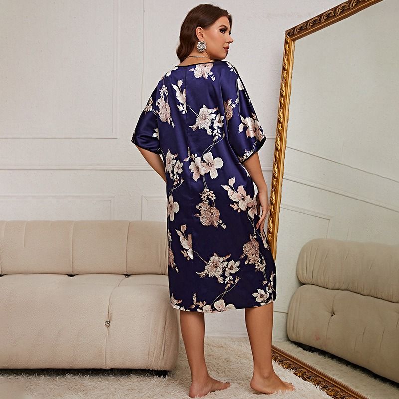Africa Europe America 2025 Large Size Pajama Women Mid-length Printed Pullover Dress Summer New Home Wear Silk Ice-silk Pajamas Casual Breastfeeding Breathable Cool Comfortable Sleeping Simple Style