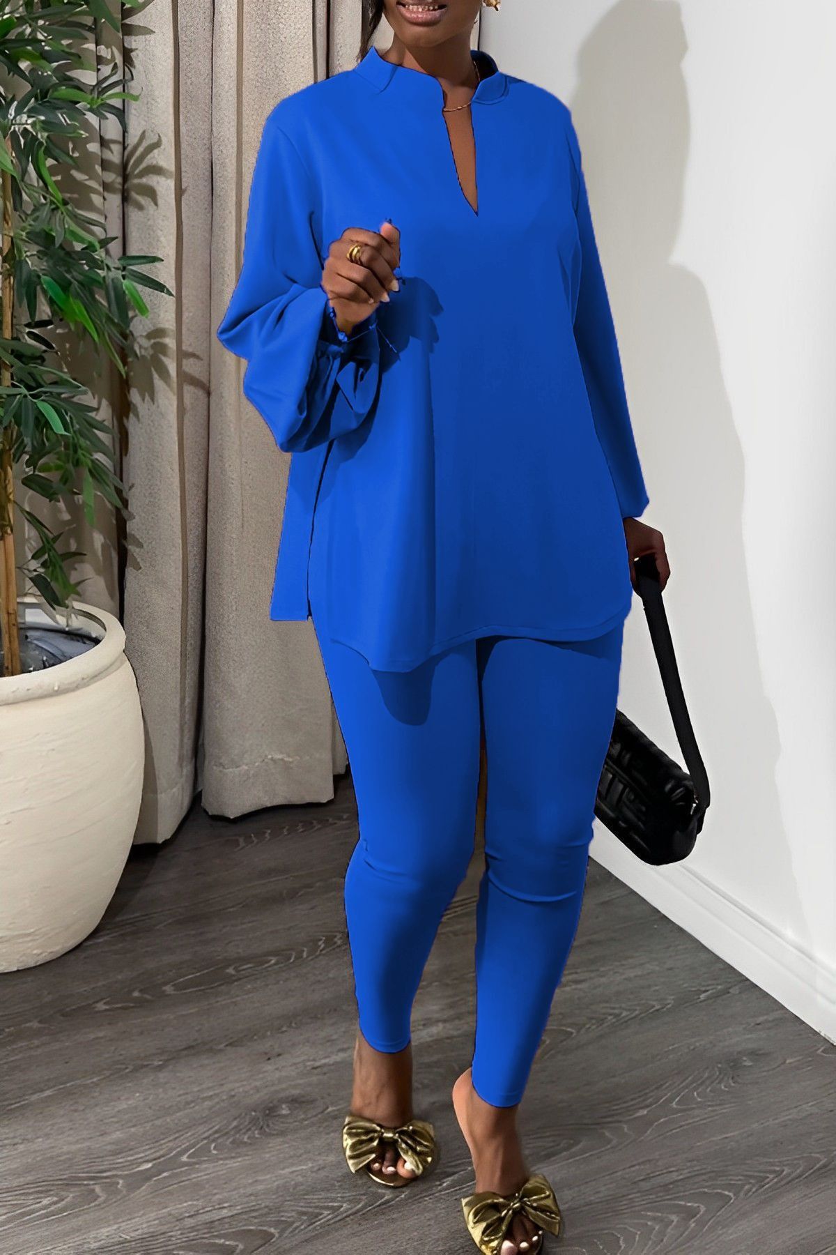 2025 Spring/Summer African European American Knit Suit Pants New Style Slits V-neck Tops Tight Pants Fashionable elegant Two-Piece set Elastic Technology Trendy Slit Design Comfortable Casual Style