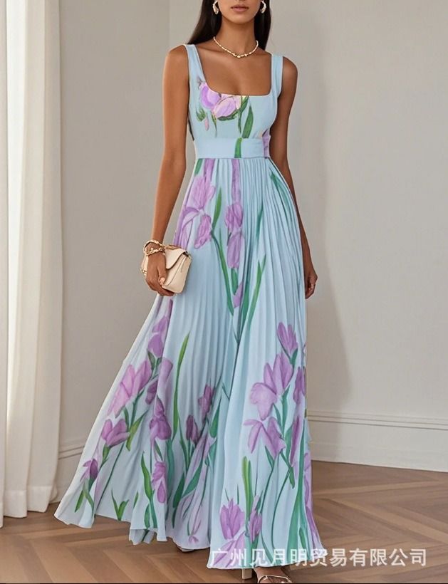 Summer 2025 New African European American Shein Amazon Instagram independent Store Dress Light Mature Pleated Print Dress Popular Flower Elements Elegant Refined Style