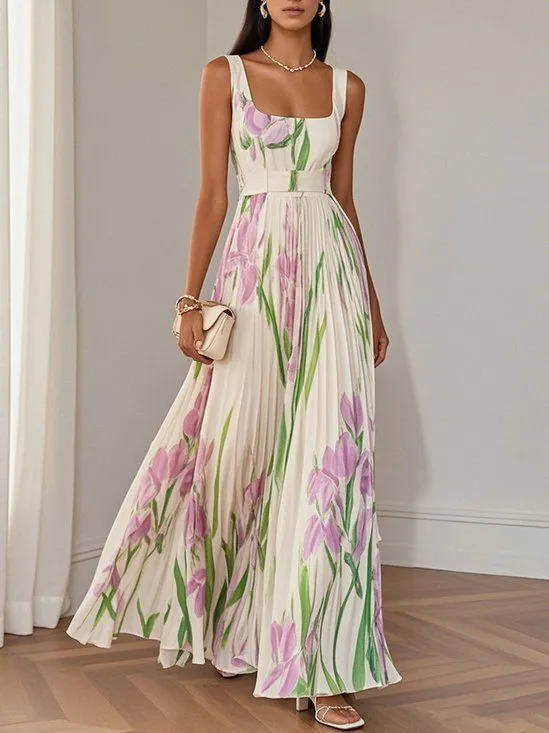 Summer 2025 New African European American Shein Amazon Instagram independent Store Dress Light Mature Pleated Print Dress Popular Flower Elements Elegant Refined Style