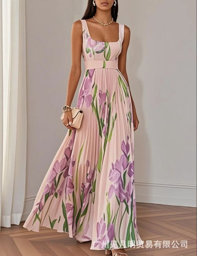 Summer 2025 New African European American Shein Amazon Instagram independent Store Dress Light Mature Pleated Print Dress Popular Flower Elements Elegant Refined Style