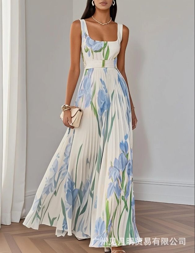 Summer 2025 New African European American Shein Amazon Instagram independent Store Dress Light Mature Pleated Print Dress Popular Flower Elements Elegant Refined Style