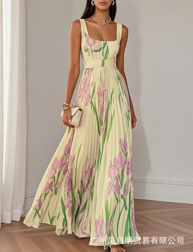 Summer 2025 New African European American Shein Amazon Instagram independent Store Dress Light Mature Pleated Print Dress Popular Flower Elements Elegant Refined Style