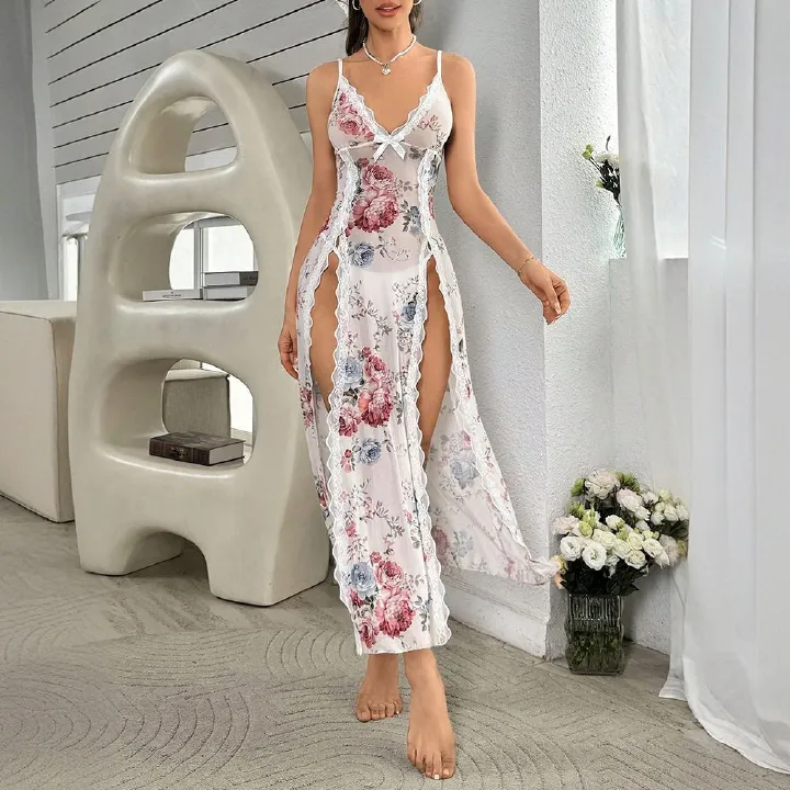 New cross-border summer sexy and pure style home wear, satin chiffon printed with chest pads, spaghetti-strap pajamas, thin and cute girlish style clothing, women's underwear