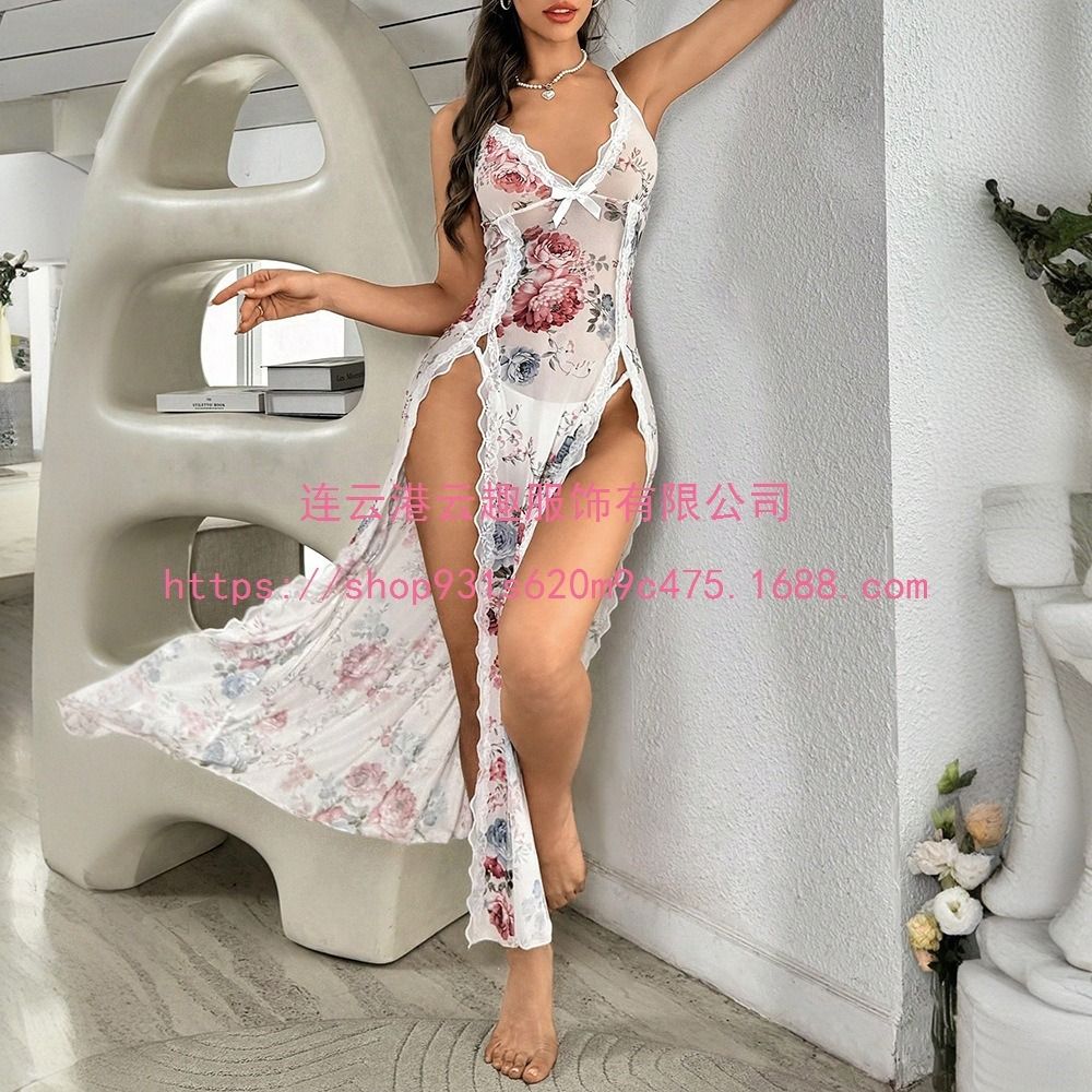 New cross-border summer sexy and pure style home wear, satin chiffon printed with chest pads, spaghetti-strap pajamas, thin and cute girlish style clothing, women's underwear