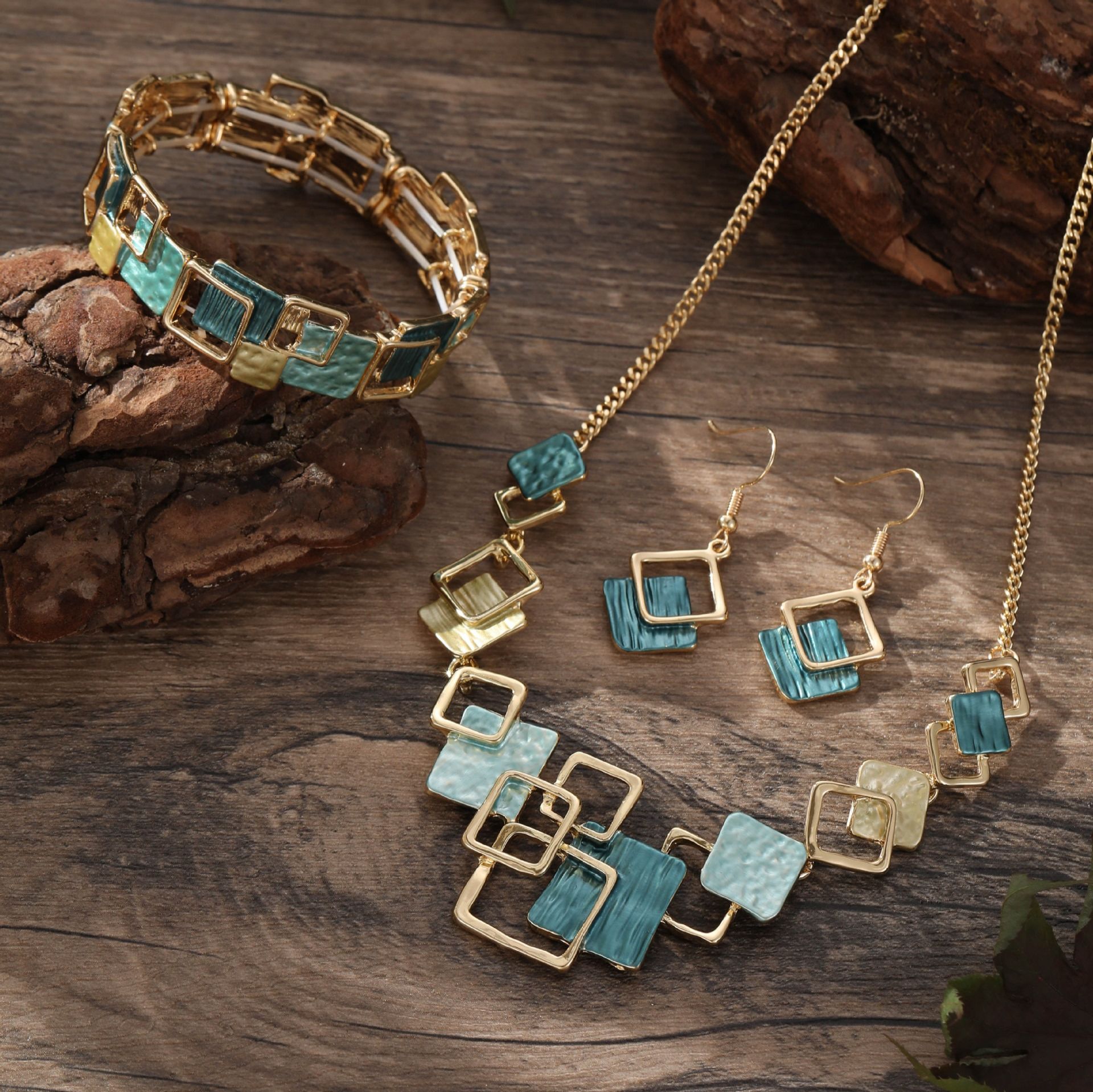 2025 New Colorful Painting Oil Geometric Square Earring + Bracelet + Necklace Set  Africa Europe America High-end Women's Accessories Set Geometric Square Pattern Original Design Style