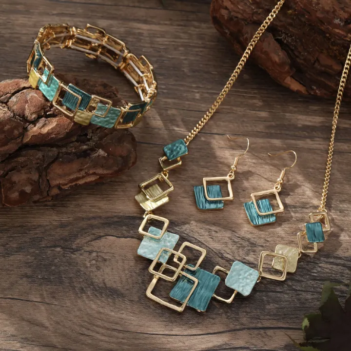 2025 New Colorful Painting Oil Geometric Square Earring + Bracelet + Necklace Set  Africa Europe America High-end Women's Accessories Set Geometric Square Pattern Original Design Style