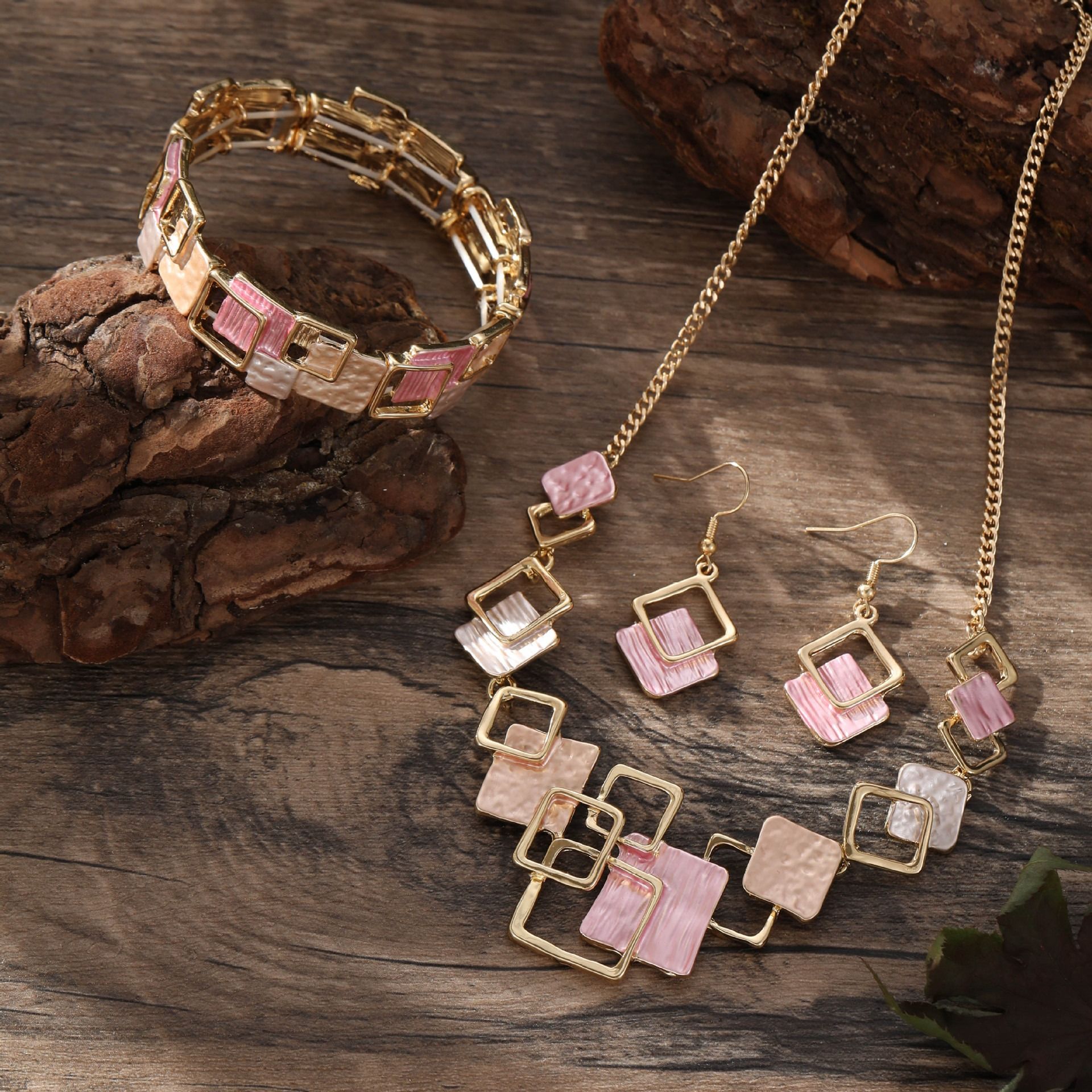 2025 New Colorful Painting Oil Geometric Square Earring + Bracelet + Necklace Set  Africa Europe America High-end Women's Accessories Set Geometric Square Pattern Original Design Style