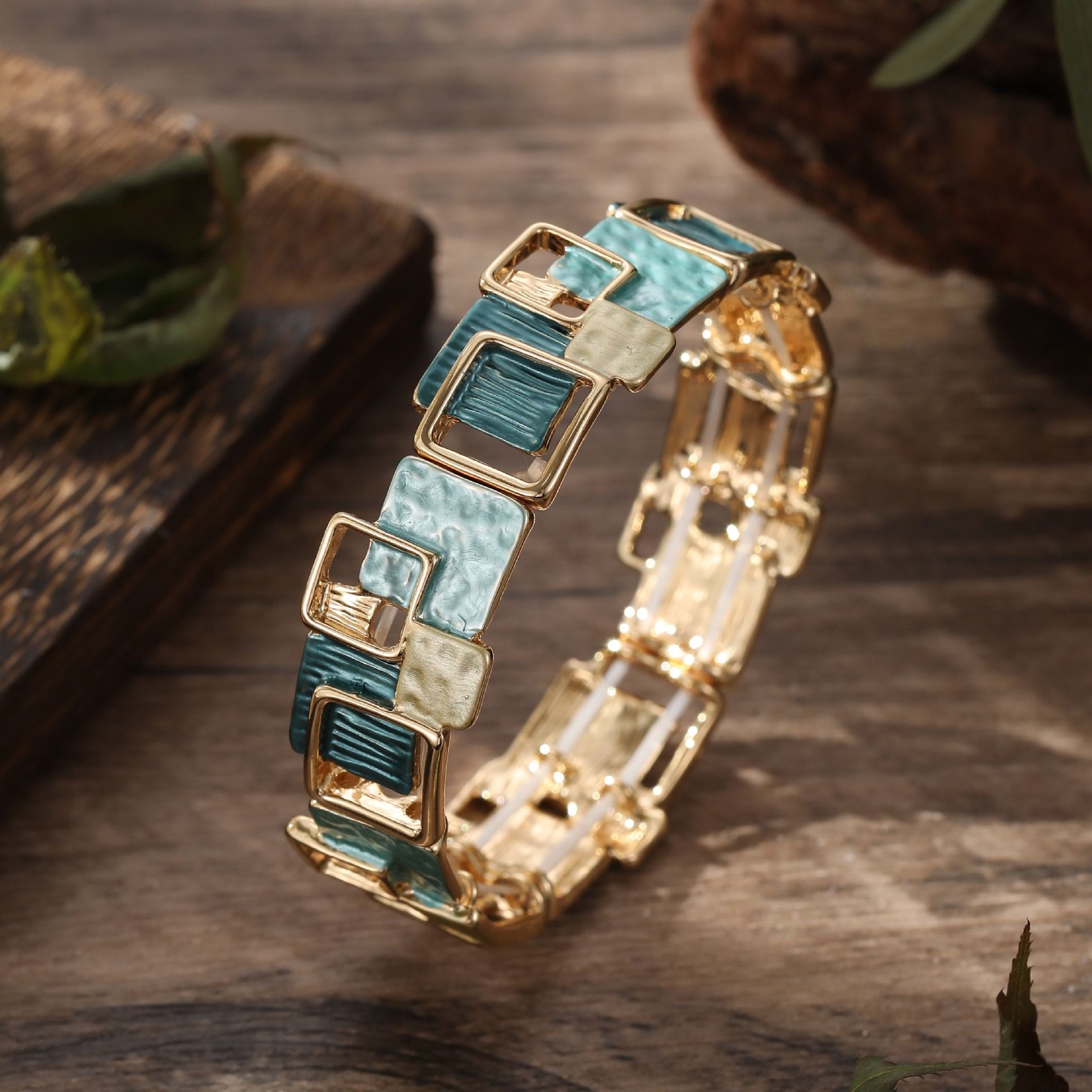 2025 New Colorful Painting Oil Geometric Square Earring + Bracelet + Necklace Set  Africa Europe America High-end Women's Accessories Set Geometric Square Pattern Original Design Style