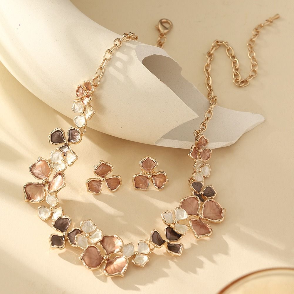 African European American 2025 Zinc Alloy Paint Oil Enamel Colored Flower High-Class Elegant Versatile Earring + Necklace Drip Oil Processing Technique Floral Pattern Elegant Style