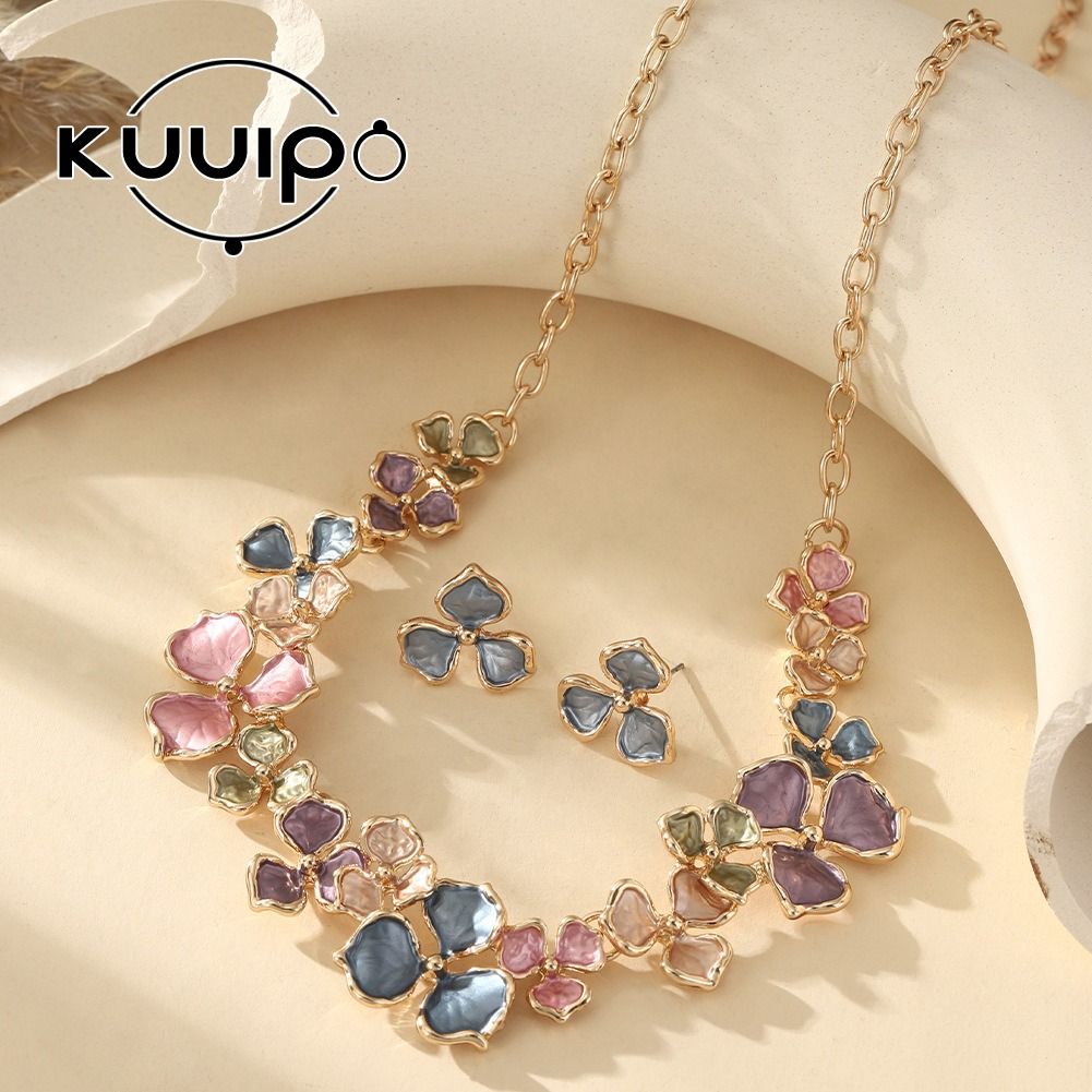 African European American 2025 Zinc Alloy Paint Oil Enamel Colored Flower High-Class Elegant Versatile Earring + Necklace Drip Oil Processing Technique Floral Pattern Elegant Style