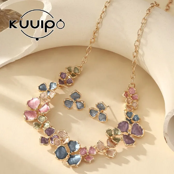 African European American 2025 Zinc Alloy Paint Oil Enamel Colored Flower High-Class Elegant Versatile Earring + Necklace Drip Oil Processing Technique Floral Pattern Elegant Style