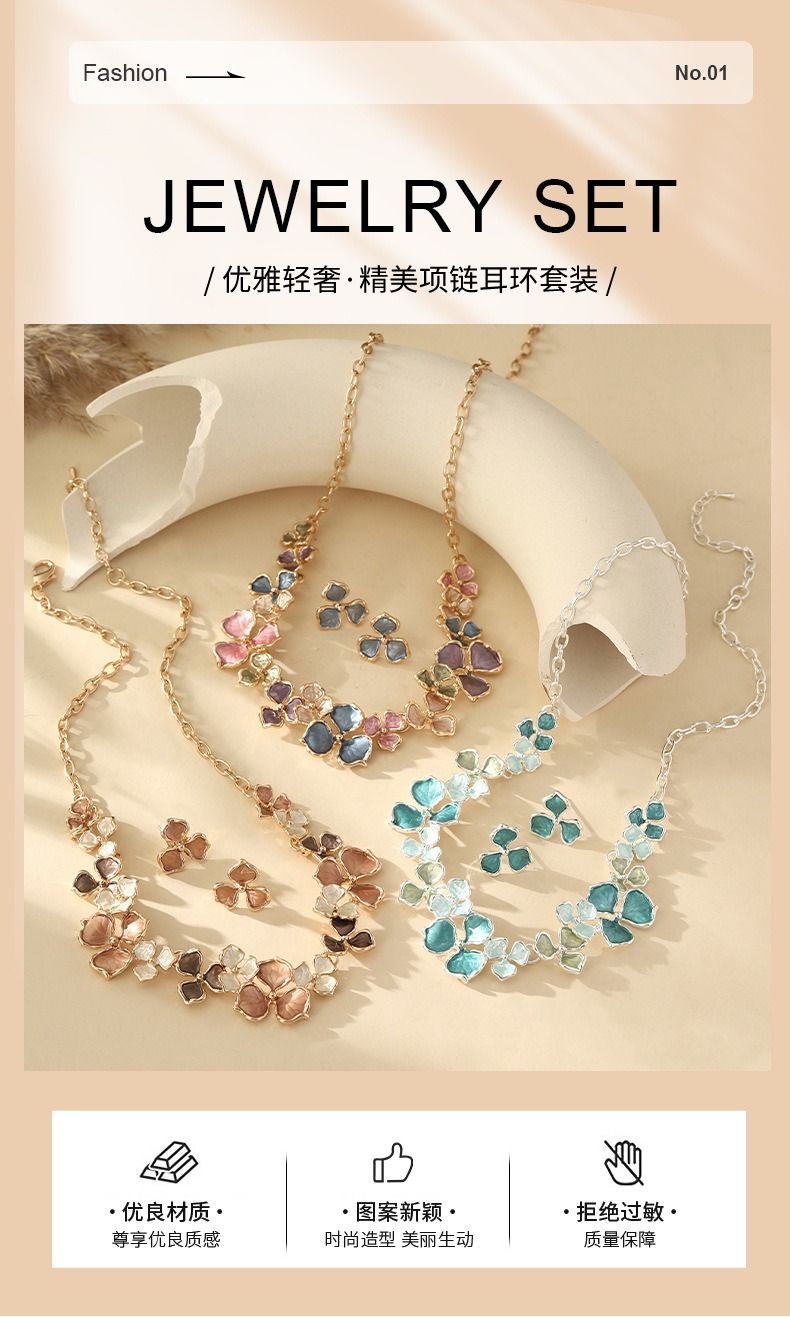 African European American 2025 Zinc Alloy Paint Oil Enamel Colored Flower High-Class Elegant Versatile Earring + Necklace Drip Oil Processing Technique Floral Pattern Elegant Style