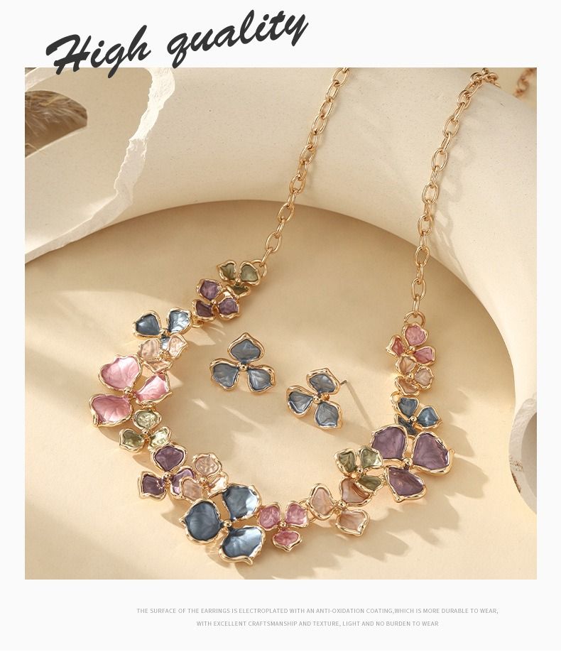African European American 2025 Zinc Alloy Paint Oil Enamel Colored Flower High-Class Elegant Versatile Earring + Necklace Drip Oil Processing Technique Floral Pattern Elegant Style
