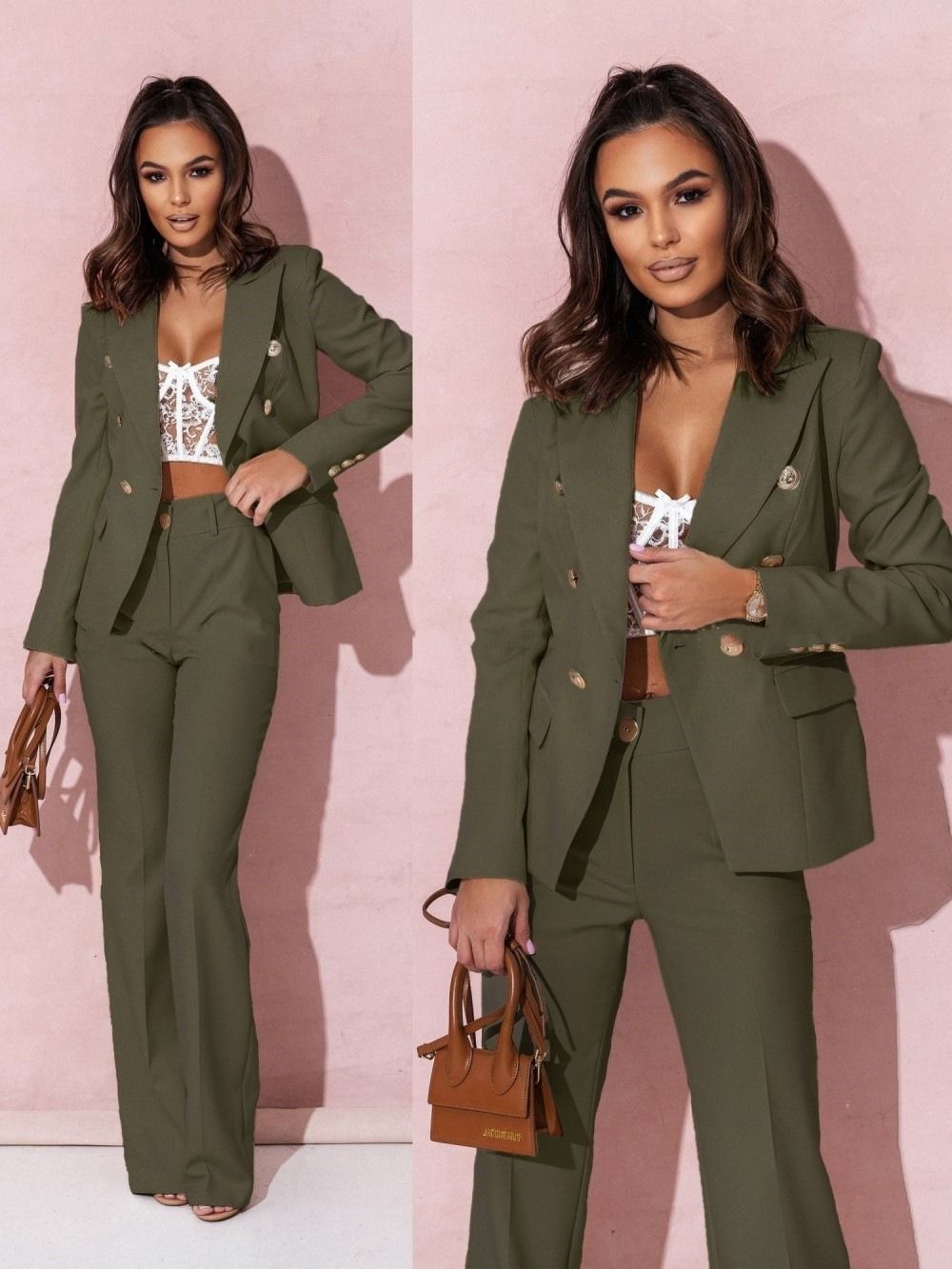 Spring 2025 Best-selling Women's Professional Suit Set Africa Europe America Amazon Two-button Suit Set Fashionable Elegant Solid Color Pattern Trendy Irregular Designs Patchwork Elements Modern Style