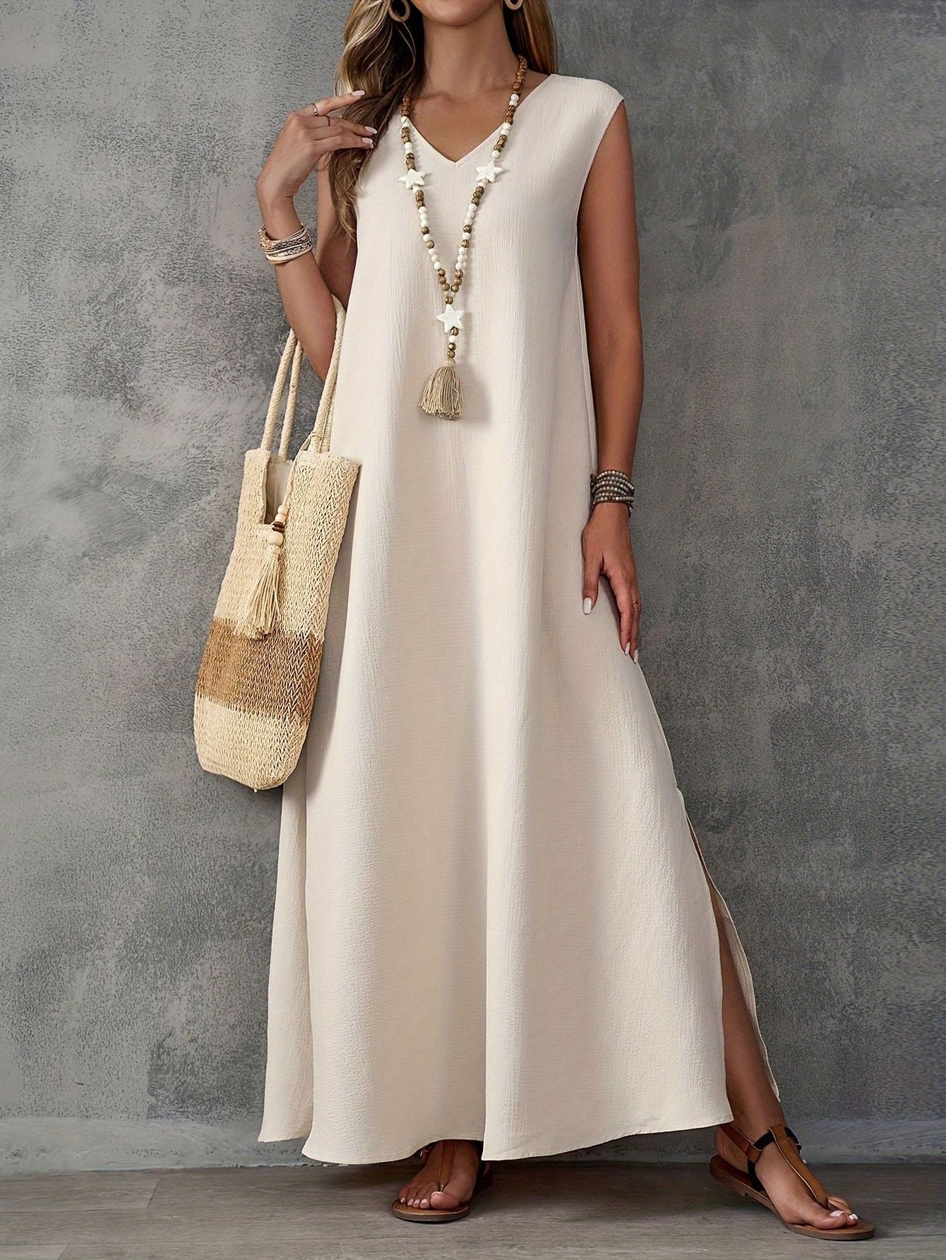 Amazon 2025 Summer African European Style Women's Dress Sleeveless V-Neck Side Slit One-Piece Skirt Elegant Long Dress Solid Color Pattern Side-opening Slit Technique Elegant Style