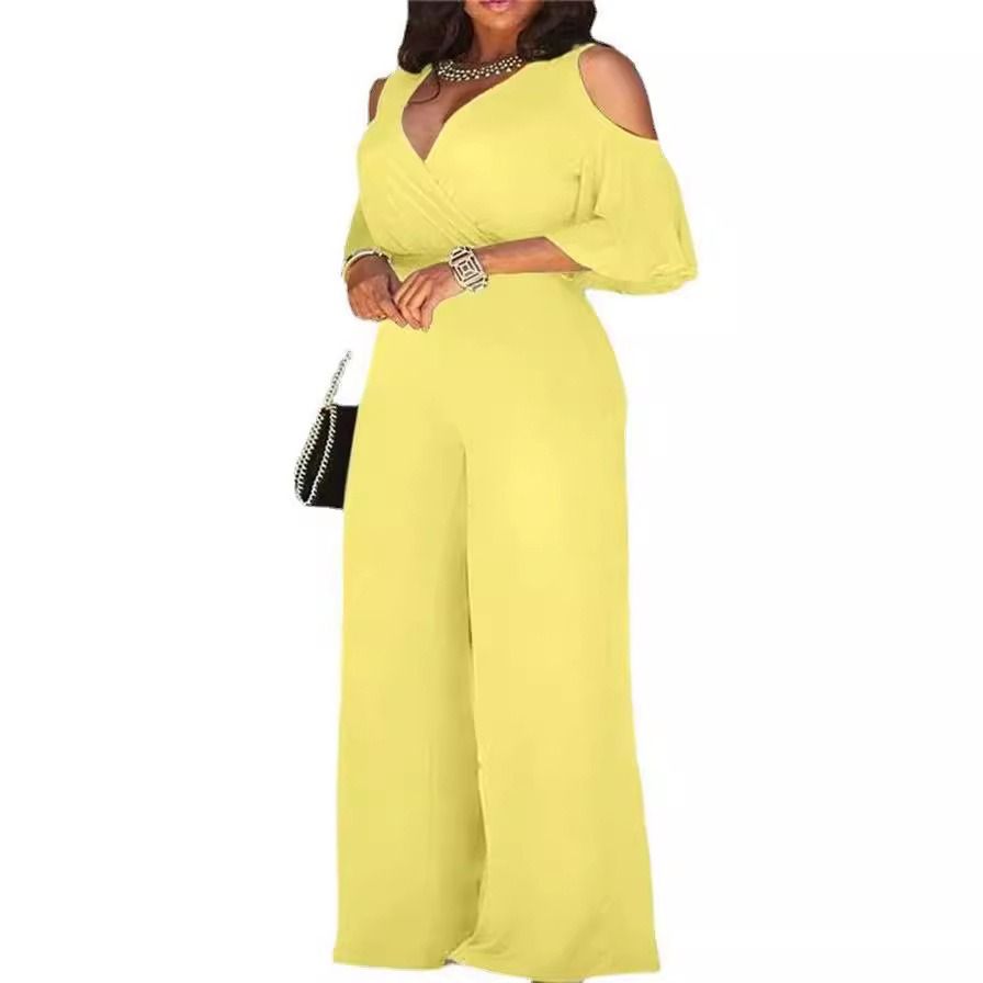 Africa Europe America Amazon - 2025 Summer Fashion Women's Wide Leg Pants Jumpsuit + 7 colors available + Belt Seamless Technology Solid Color Pattern Fashionable Elegant Business Wear Style
