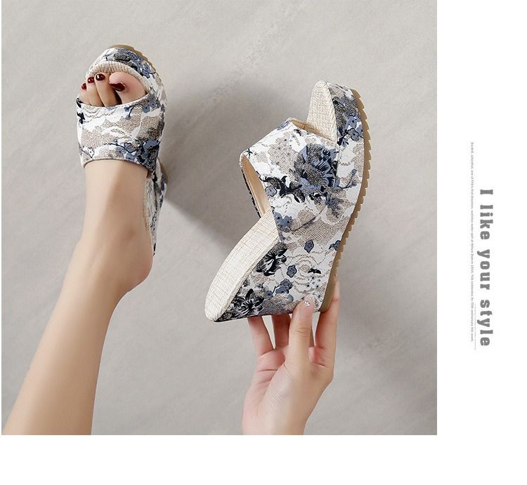 African Summer Large-Sized Ethnic Style Fabric Thick-Soled Women's High Heels Platform Stiletto Open Toe Buckle Multi-Color Slingback Casual Roman Round-Toe Casual Flower Thick-Soled Fish-Tip Sandals