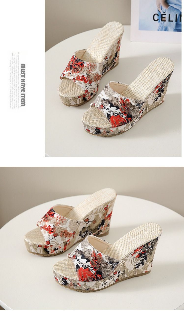 African Summer Large-Sized Ethnic Style Fabric Thick-Soled Women's High Heels Platform Stiletto Open Toe Buckle Multi-Color Slingback Casual Roman Round-Toe Casual Flower Thick-Soled Fish-Tip Sandals