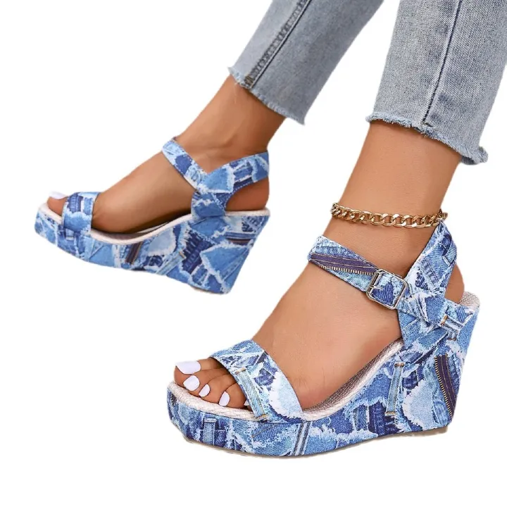 African Summer Large-Sized Ethnic Style Fabric Thick-Soled Women's High Heels Platform Stiletto Open Toe Buckle Multi-Color Slingback Casual Roman Round-Toe Casual Flower Thick-Soled Fish-Tip Sandals