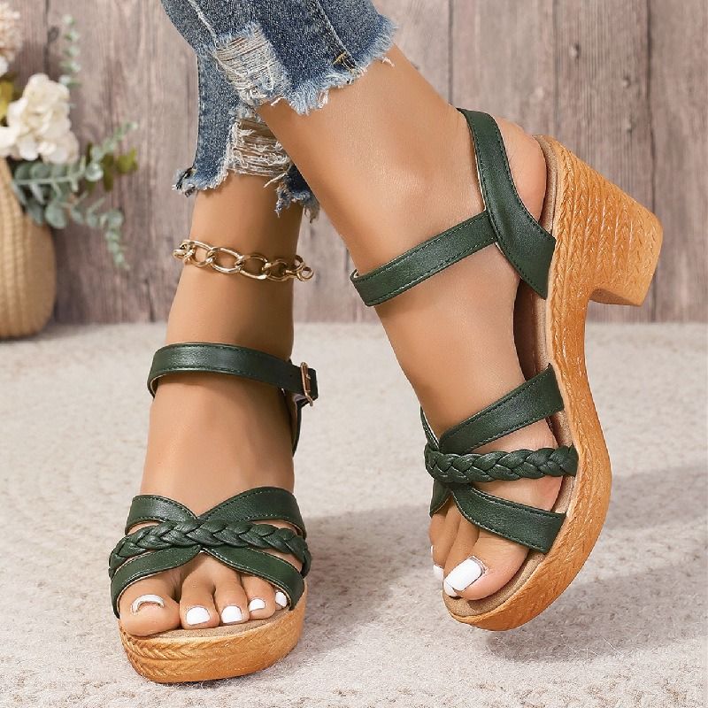 Round-toe Thick-soled One-piece Buckle Strap Women's Sandals Africa  Europe America 2025 Summer Autumn New Style Simple Lace-up High-heeled Fashion Sandals Cool Slippers Mom Sandals Soft Soles