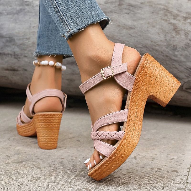 Round-toe Thick-soled One-piece Buckle Strap Women's Sandals Africa  Europe America 2025 Summer Autumn New Style Simple Lace-up High-heeled Fashion Sandals Cool Slippers Mom Sandals Soft Soles