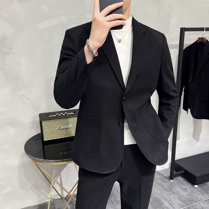 2026 Spring/Summer Thick Wool Casual Men Suit Korean Edition Slim-fit British Style Cool Stylish Men's Suit Set Double-Breasted Design Retro Flat Collar Simple simple Elegant Soft Comfortable Durable