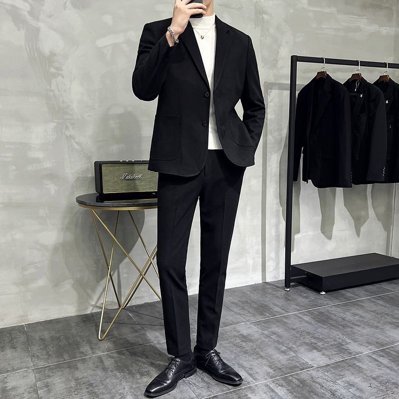 2026 Spring/Summer Thick Wool Casual Men Suit Korean Edition Slim-fit British Style Cool Stylish Men's Suit Set Double-Breasted Design Retro Flat Collar Simple simple Elegant Soft Comfortable Durable