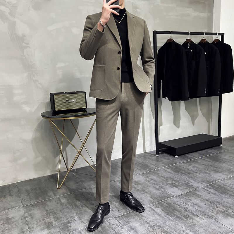 2026 Spring/Summer Thick Wool Casual Men Suit Korean Edition Slim-fit British Style Cool Stylish Men's Suit Set Double-Breasted Design Retro Flat Collar Simple simple Elegant Soft Comfortable Durable