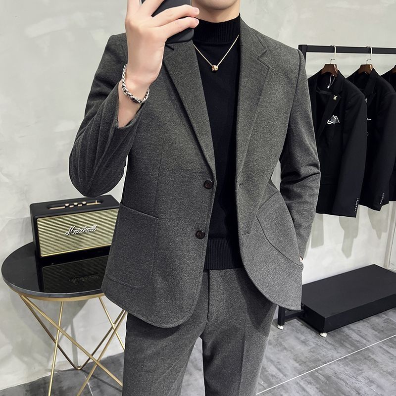 2026 Spring/Summer Thick Wool Casual Men Suit Korean Edition Slim-fit British Style Cool Stylish Men's Suit Set Double-Breasted Design Retro Flat Collar Simple simple Elegant Soft Comfortable Durable