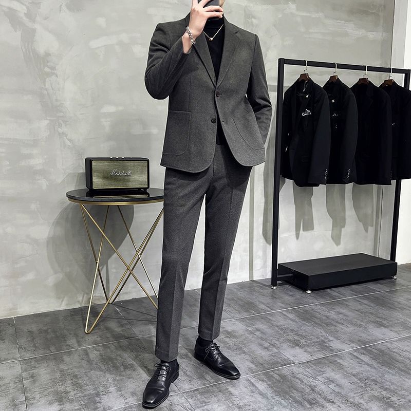 2026 Spring/Summer Thick Wool Casual Men Suit Korean Edition Slim-fit British Style Cool Stylish Men's Suit Set Double-Breasted Design Retro Flat Collar Simple simple Elegant Soft Comfortable Durable