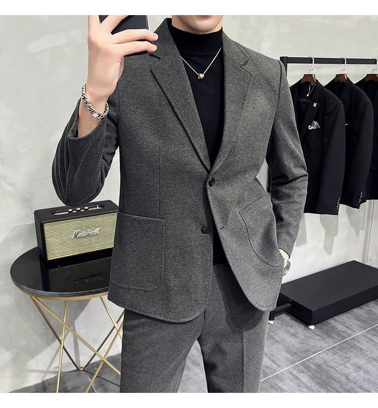 2026 Spring/Summer Thick Wool Casual Men Suit Korean Edition Slim-fit British Style Cool Stylish Men's Suit Set Double-Breasted Design Retro Flat Collar Simple simple Elegant Soft Comfortable Durable