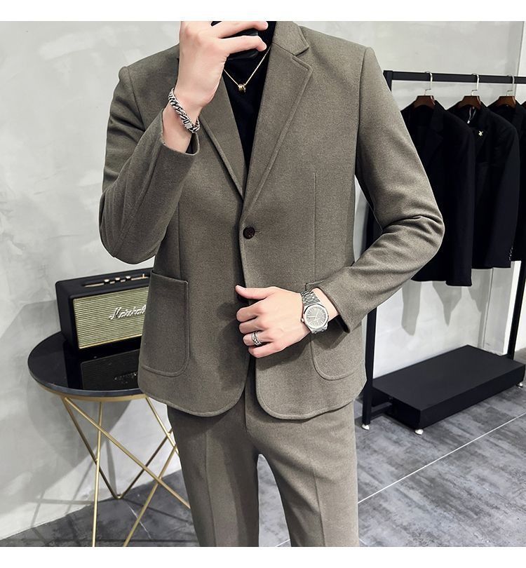 2026 Spring/Summer Thick Wool Casual Men Suit Korean Edition Slim-fit British Style Cool Stylish Men's Suit Set Double-Breasted Design Retro Flat Collar Simple simple Elegant Soft Comfortable Durable