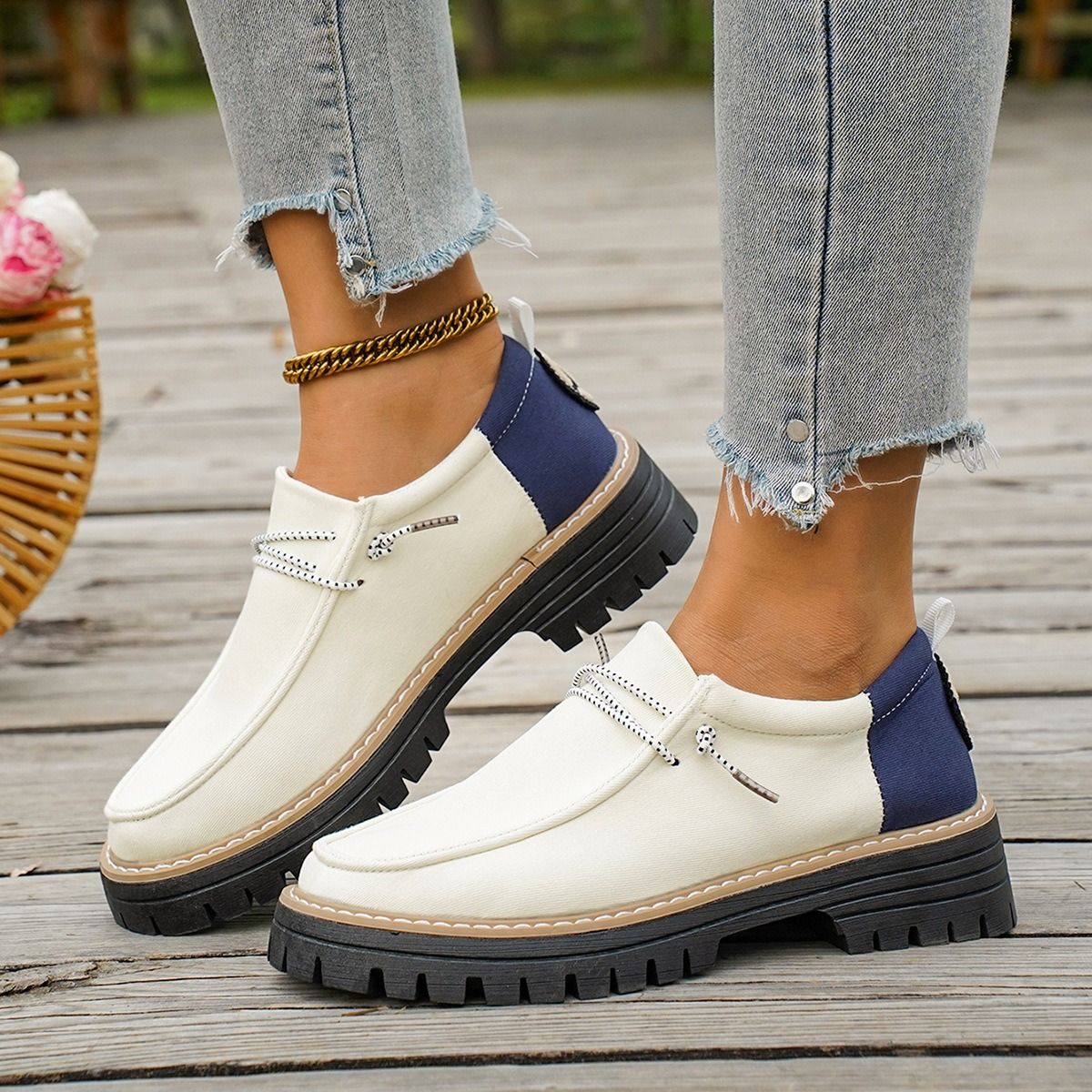 2026 African European American Color-matched Low-top Women's Shoes New Spring-autumn British Style Chunky Heel Large Size Loafers Pre-tie Round Head Fashionable Soft