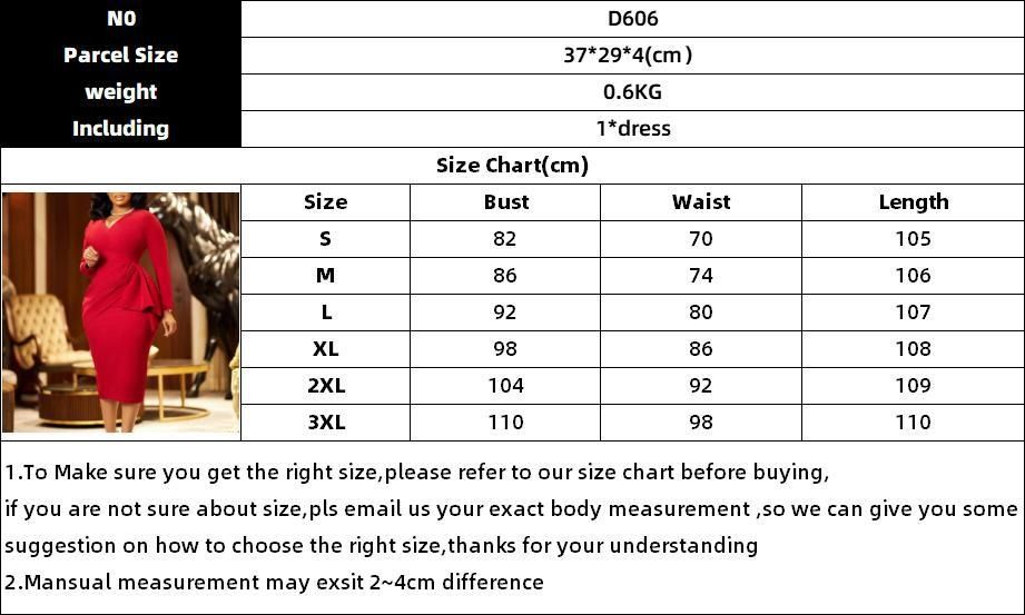 D606 African European Women's Fashion 2026 Autumn-winter Style V-neck Long-sleeved Solid-color Pleated Full-skirted Office Dress Tight Fit Featuring Trendy Pleating Elements Elegant Style
