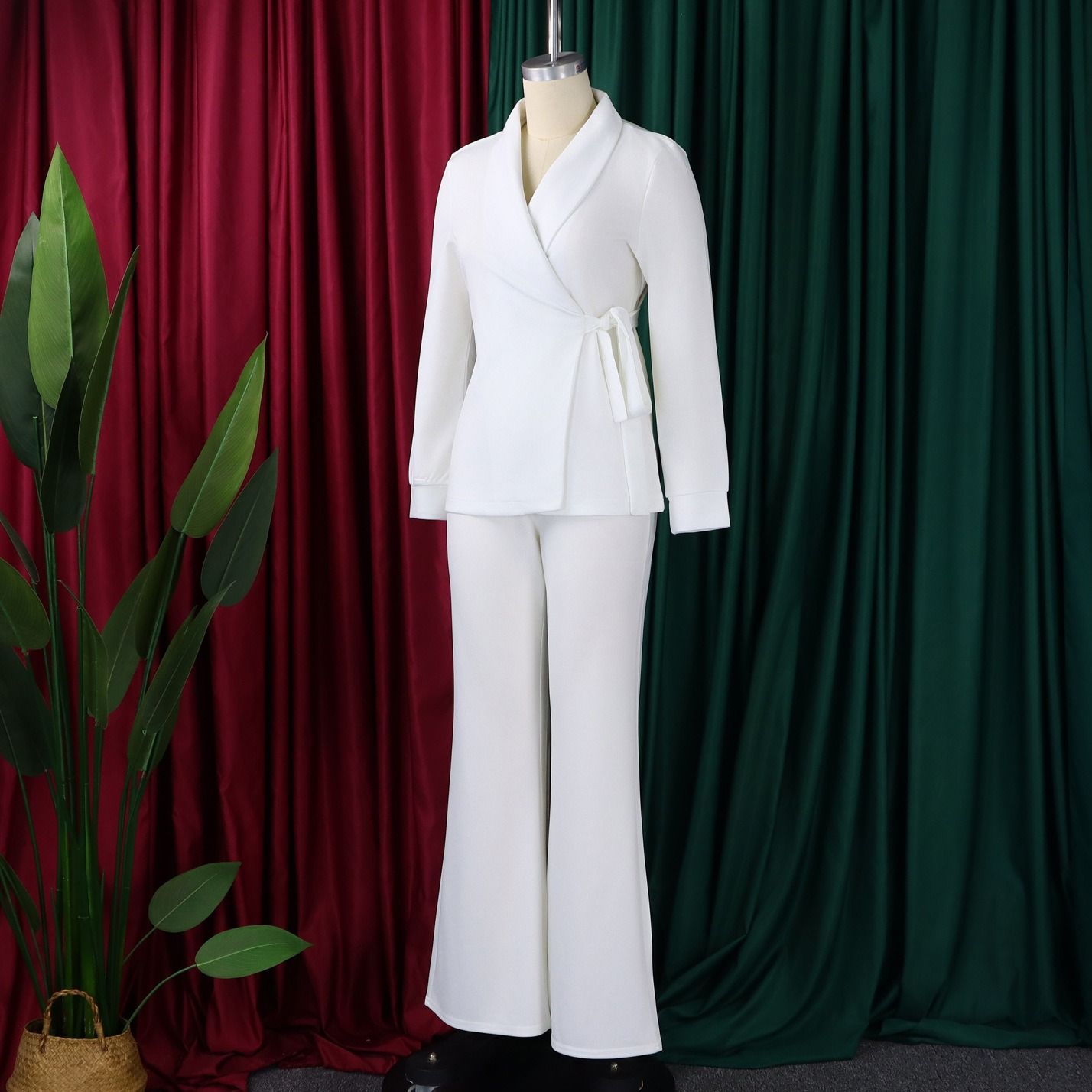 2026 African European American D601 Women New Fall/Winter Fashionable Style Strapless Suit Jacket + Pants Two-Piece Set Solid Color Pattern Woven Fabric Technique Trendy Lacing Elements Elegant Style