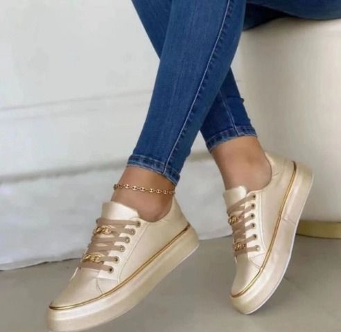 2026 Spring/Summer Large Size 42 African European American Thick-Tread Chain Sporty Low-Top Lace-Up Closed Toe Casual Women's Leather Shoes Viscose Technology Trendy Metal Sewing Line Elements Fashion