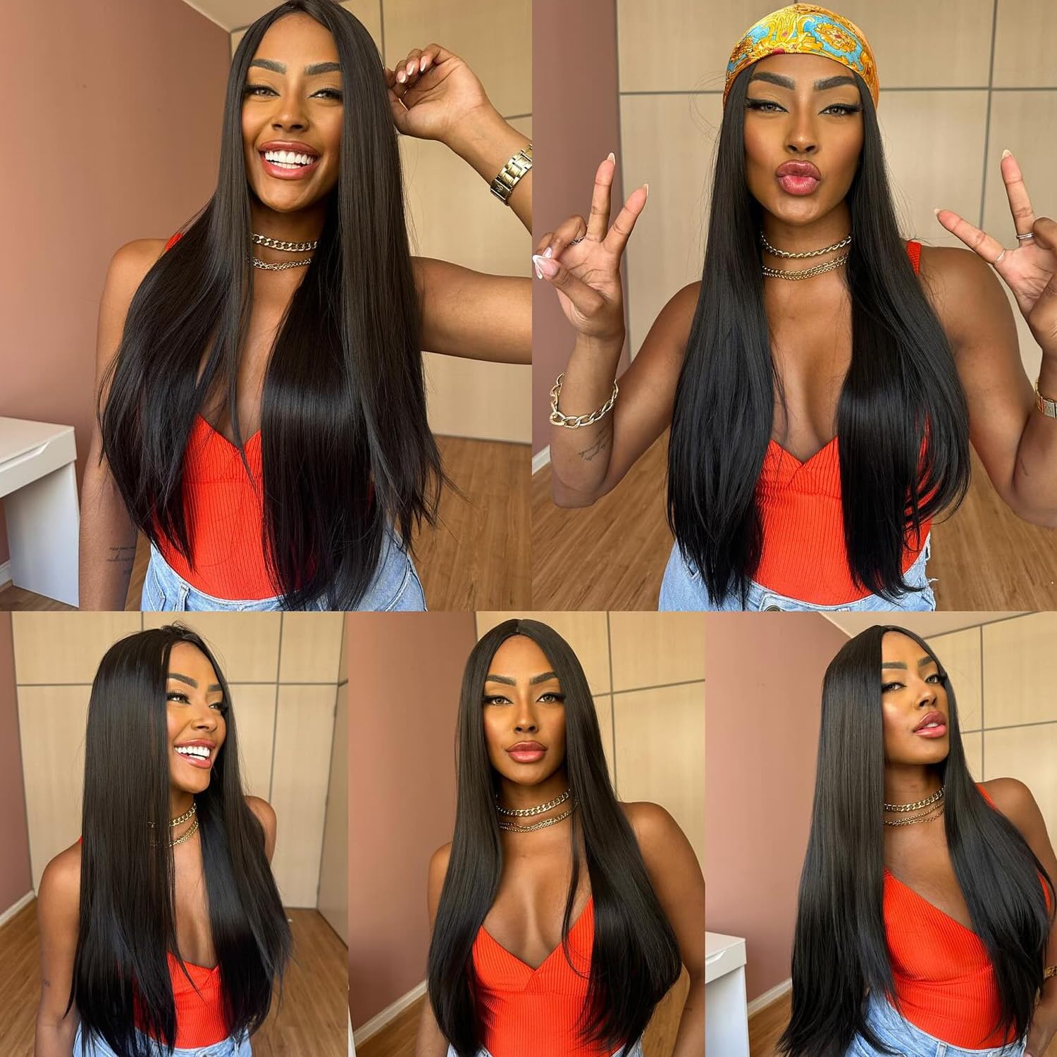 Amazon FB TK HOT Only Love Wigs Long Natural Straight Middle Part Natural Black Color Wig Heat Resistant Realistic Synthetic Daily Party Wig for Women