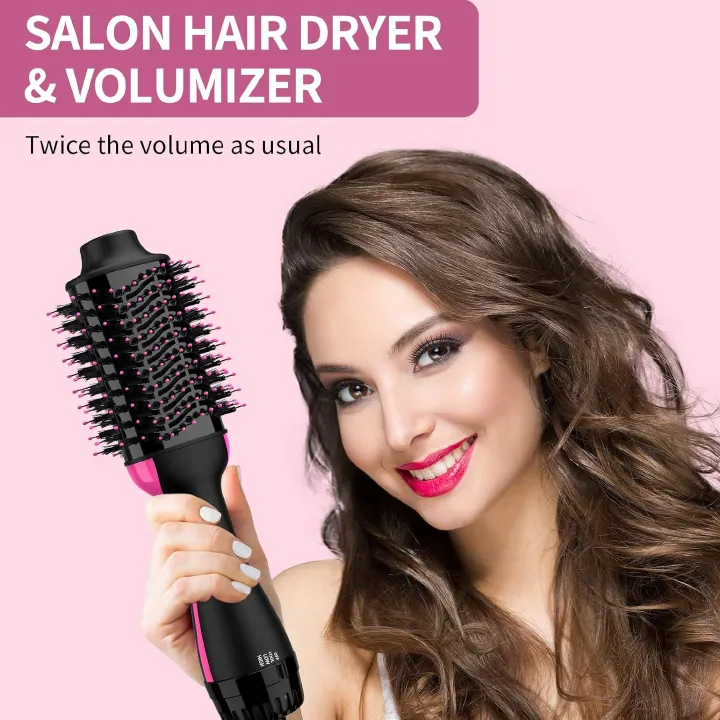 Hair Dryer and Blow Dryer Brush in One, 4 in 1 Hair Dryer and Styler Volumizer with Negative Ion Anti-frizz Ceramic Titanium Barrel Hot Air Straightener Brush 75MM Oval Shape, Black/Pink