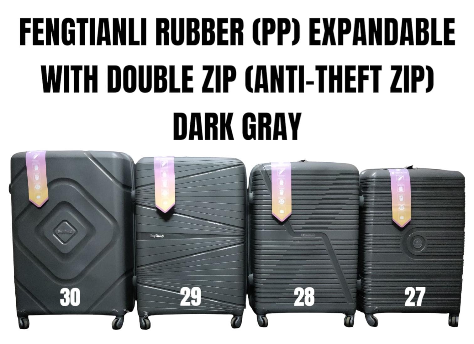 *SPECIAL OFFER* SIZE 27

*FENGTIANLI PP ( RUBBER ) FIBER SUITCASE WITH DOUBLE ZIP ( ANTI THEFT ZIPPER) AND WITH EXTENSION* 
Unbreakable Double Zip PP Rubber Suitcase Full Set 3 pcs