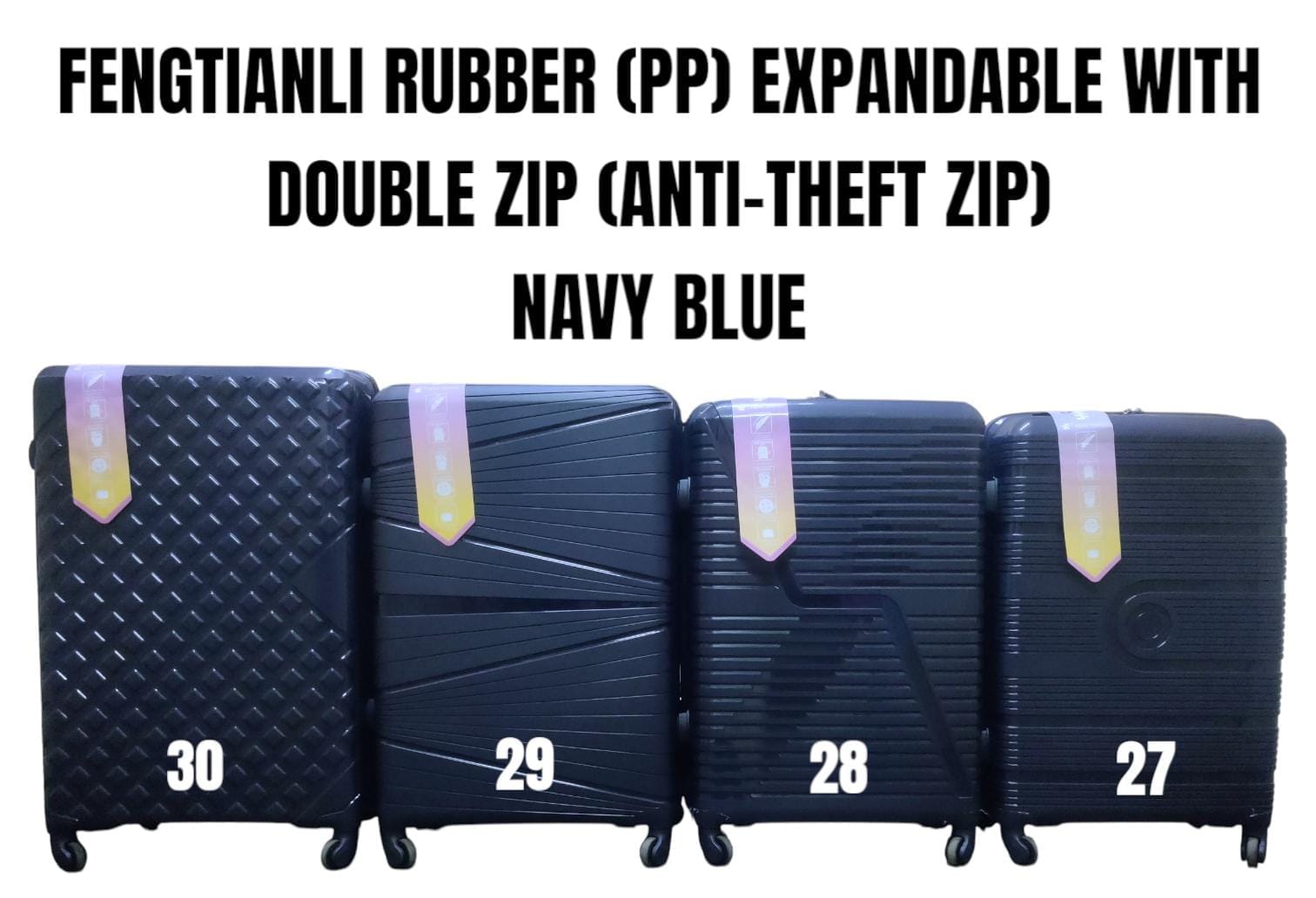 *SPECIAL OFFER* SIZE 27

*FENGTIANLI PP ( RUBBER ) FIBER SUITCASE WITH DOUBLE ZIP ( ANTI THEFT ZIPPER) AND WITH EXTENSION* 
Unbreakable Double Zip PP Rubber Suitcase Full Set 3 pcs