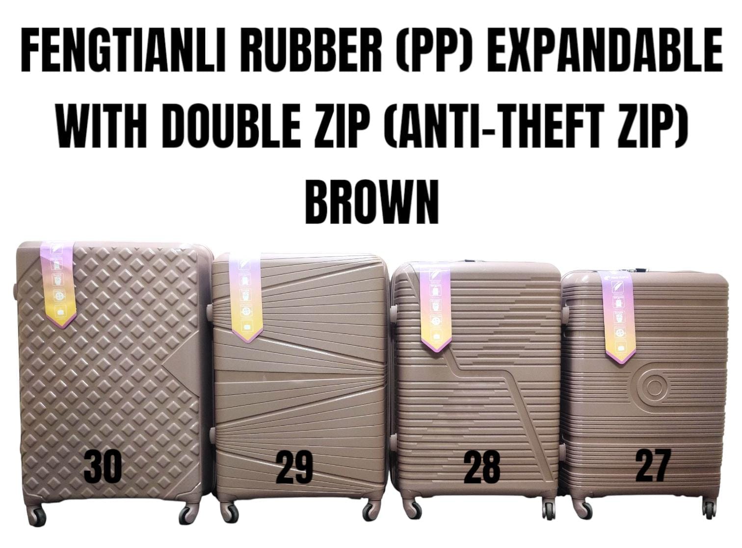 *SPECIAL OFFER* SIZE 27

*FENGTIANLI PP ( RUBBER ) FIBER SUITCASE WITH DOUBLE ZIP ( ANTI THEFT ZIPPER) AND WITH EXTENSION* 
Unbreakable Double Zip PP Rubber Suitcase Full Set 3 pcs