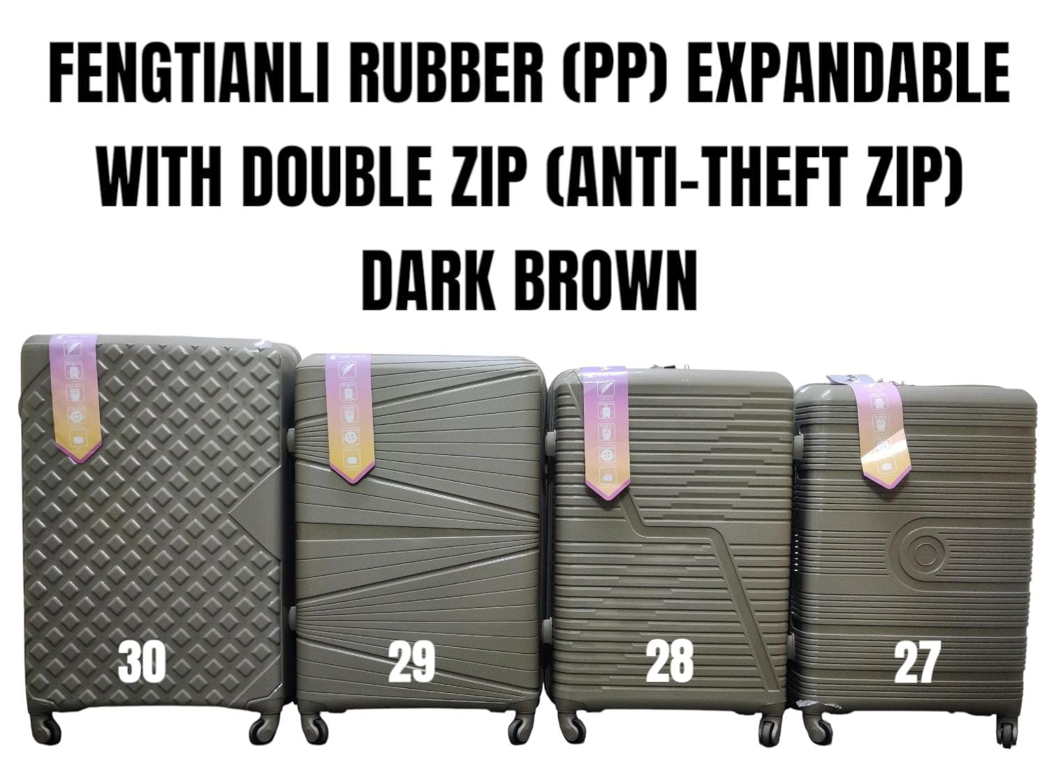 *SPECIAL OFFER* SIZE 27

*FENGTIANLI PP ( RUBBER ) FIBER SUITCASE WITH DOUBLE ZIP ( ANTI THEFT ZIPPER) AND WITH EXTENSION* 
Unbreakable Double Zip PP Rubber Suitcase Full Set 3 pcs